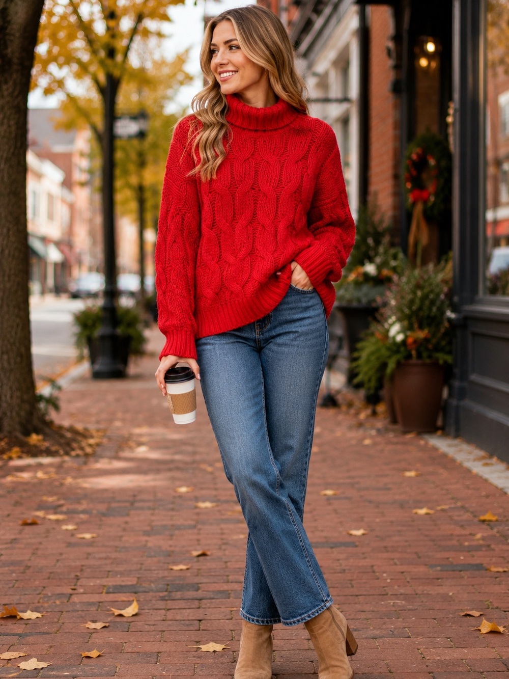 Coco + Carmen Red Cable Knit Turtleneck Sweater S/M NWT Chunky Cozy